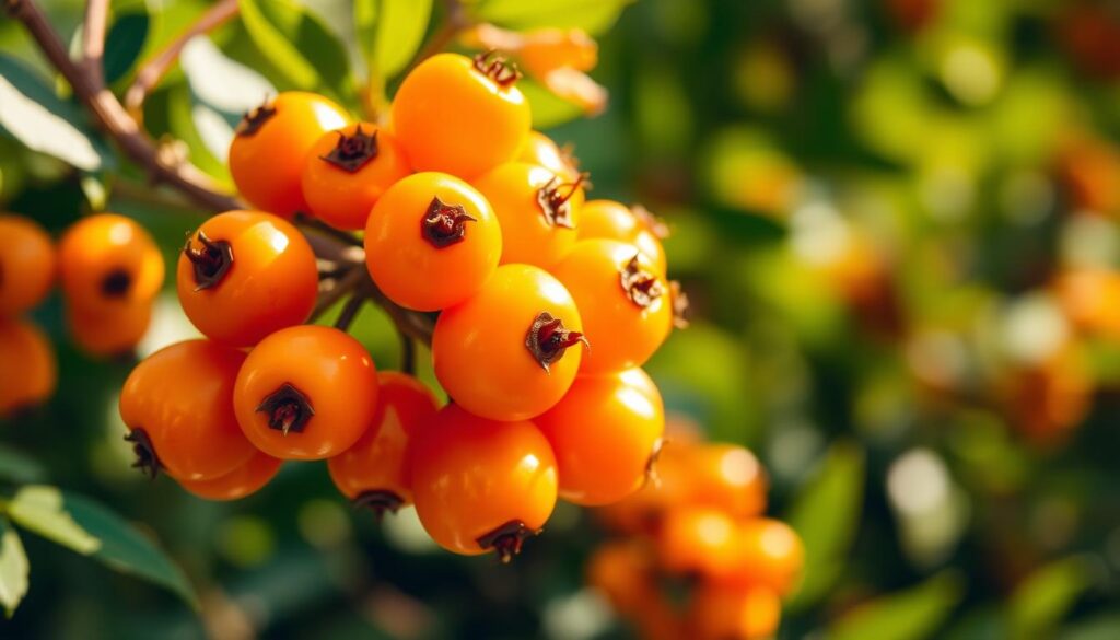 A vibrant, high-definition close-up image of a cluster of ripe, sun-kissed sea buckthorn berries, their bright orange-yellow hues shimmering under warm, diffused lighting. The berries are plump and glistening, showcasing their rich, antioxidant-packed flesh. In the background, a soft, blurred landscape of lush, verdant foliage frames the berries, creating a serene, natural atmosphere. The overall composition emphasizes the nutrient-dense nature of these remarkable berries, inviting the viewer to appreciate their remarkable health benefits.